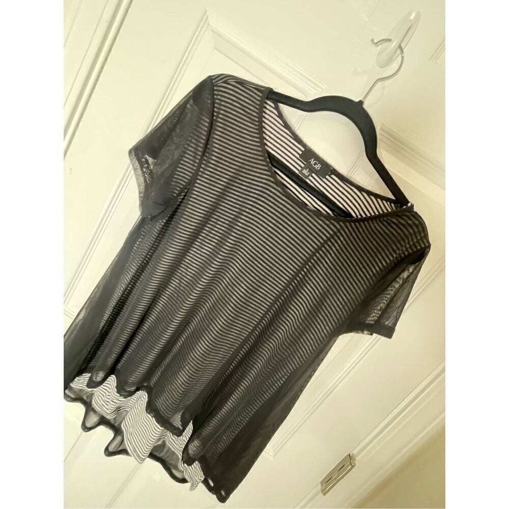 AGB women’s blouse black mesh over striped tank size large